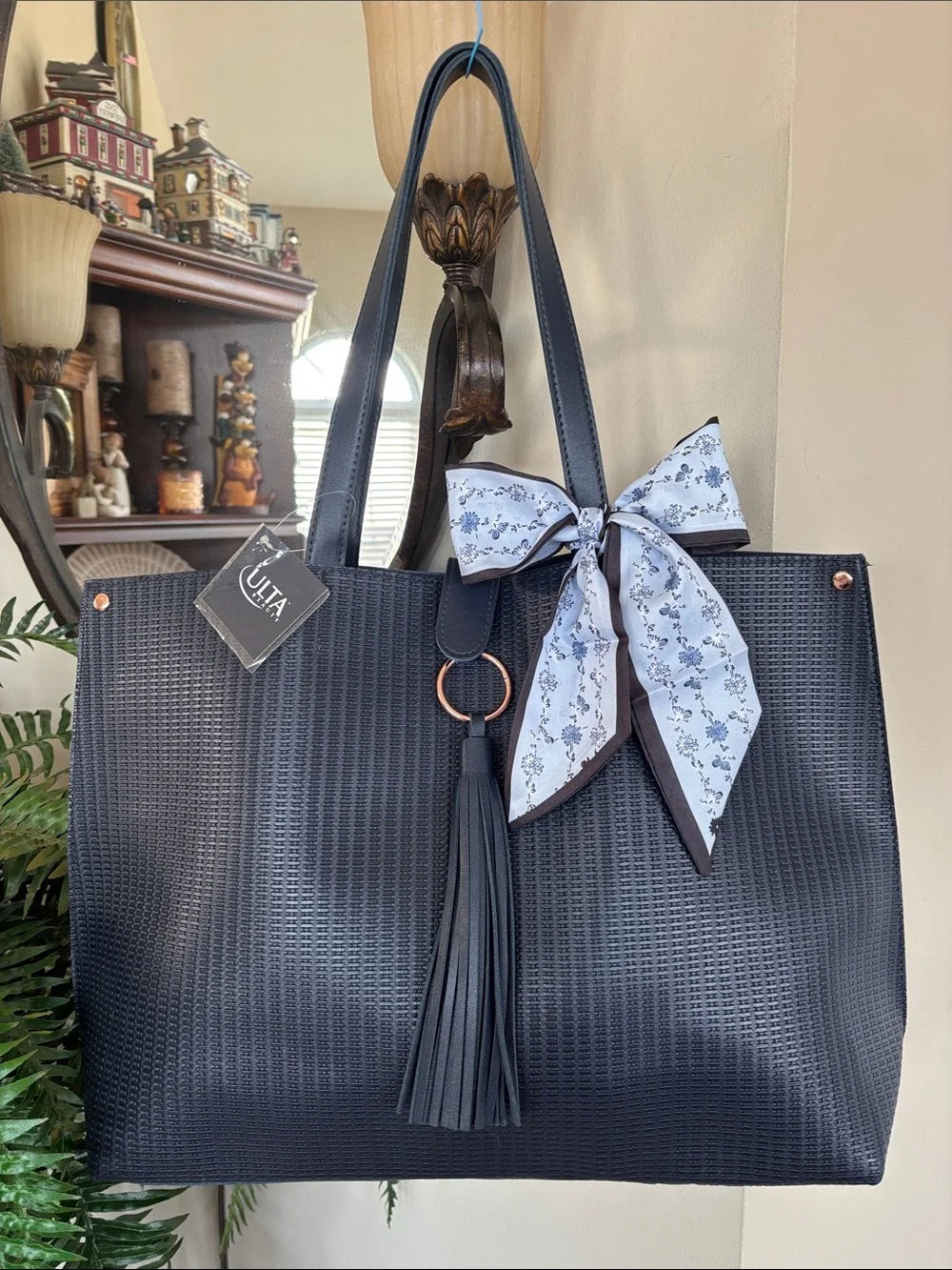 Chic Textured Navy Tote Shoulder Bag Tassel & Scarf Bow Laptop Office Snap Close